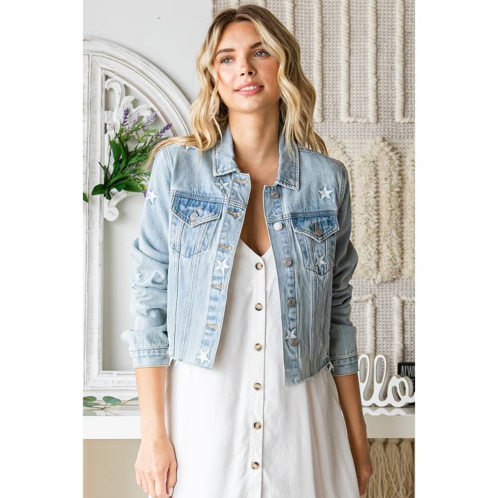 "Starboard" Star Embroidered Denim Jacket in Lt Wash - Picture 2 of 10